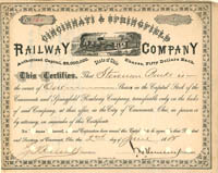 Cincinnati and Springfield Railway Co. signed by John Henry Devereux - Stock Certificate